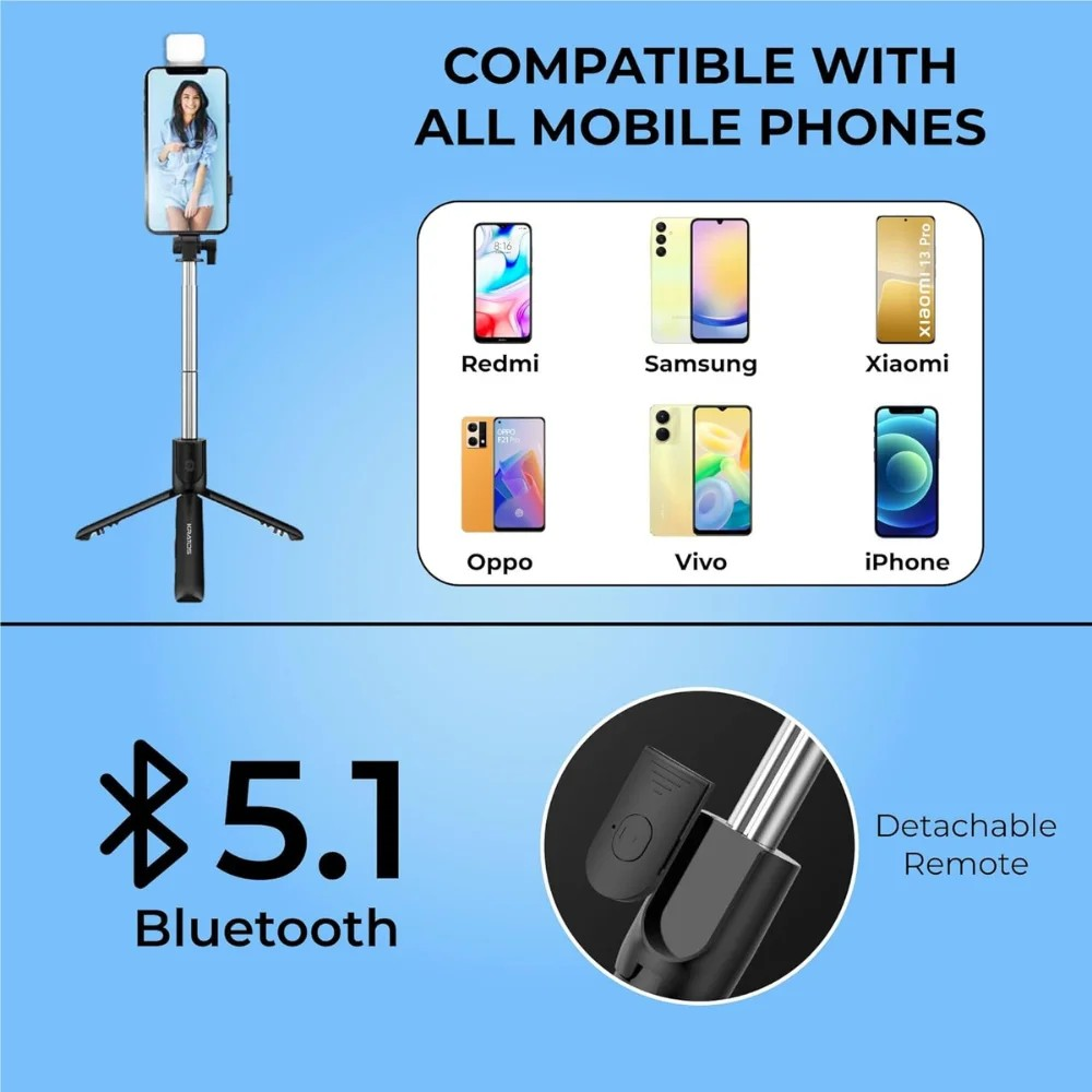 SnapSelf™ | Bluetooth Selfie Stick with Remote and Selfie Light | Multifunctional Tripod Stand