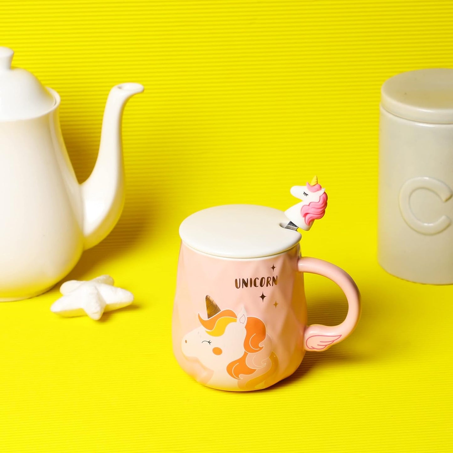 Lovely Unicorn Coffee Mug with lid & Spoon (Pink)